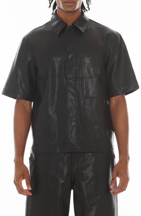 Oversize Short Sleeve Faux Leather Button-Up Shirt