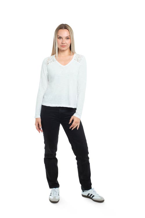 Wilt Clothing V-neck Long Sleeve Mixed Media Tee With Lace Inset In White