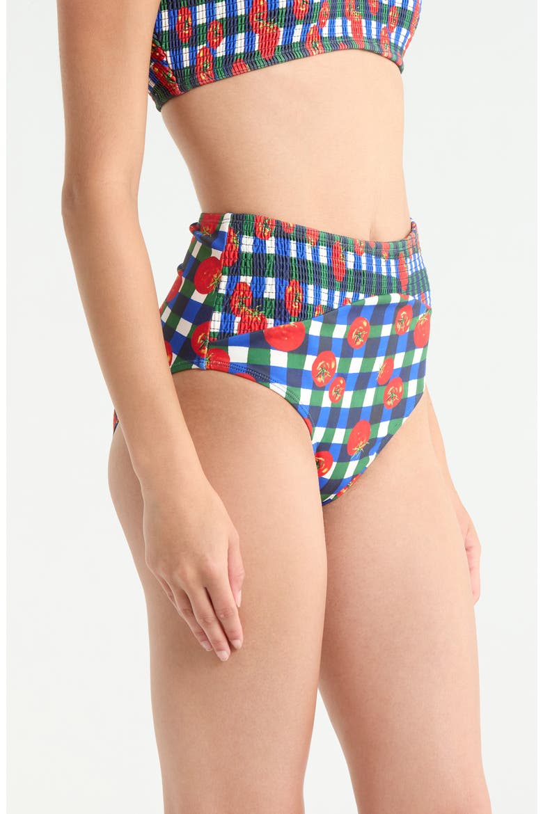 Smocked High Waist Bikini Bottoms, Alternate, color, GINGHAM TOMATOES BLUE/ GREEN