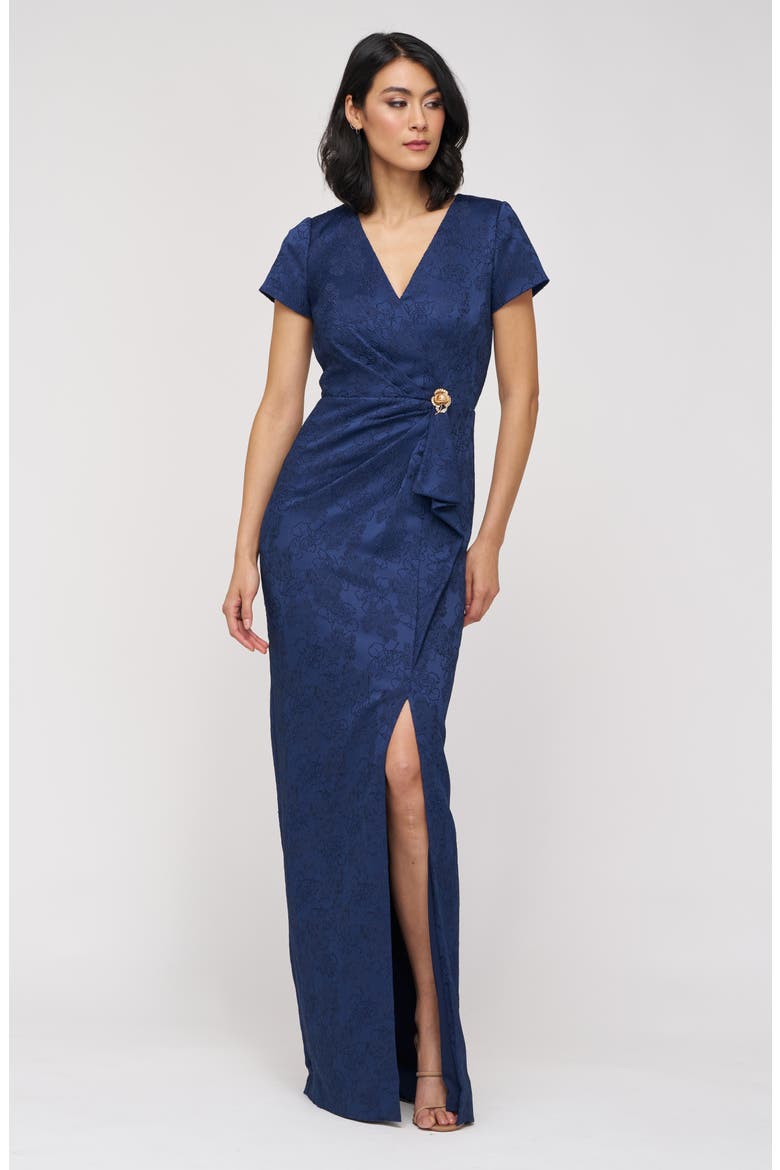 Aidy Faux Wrap Column Gown, Alternate, color, NAVY