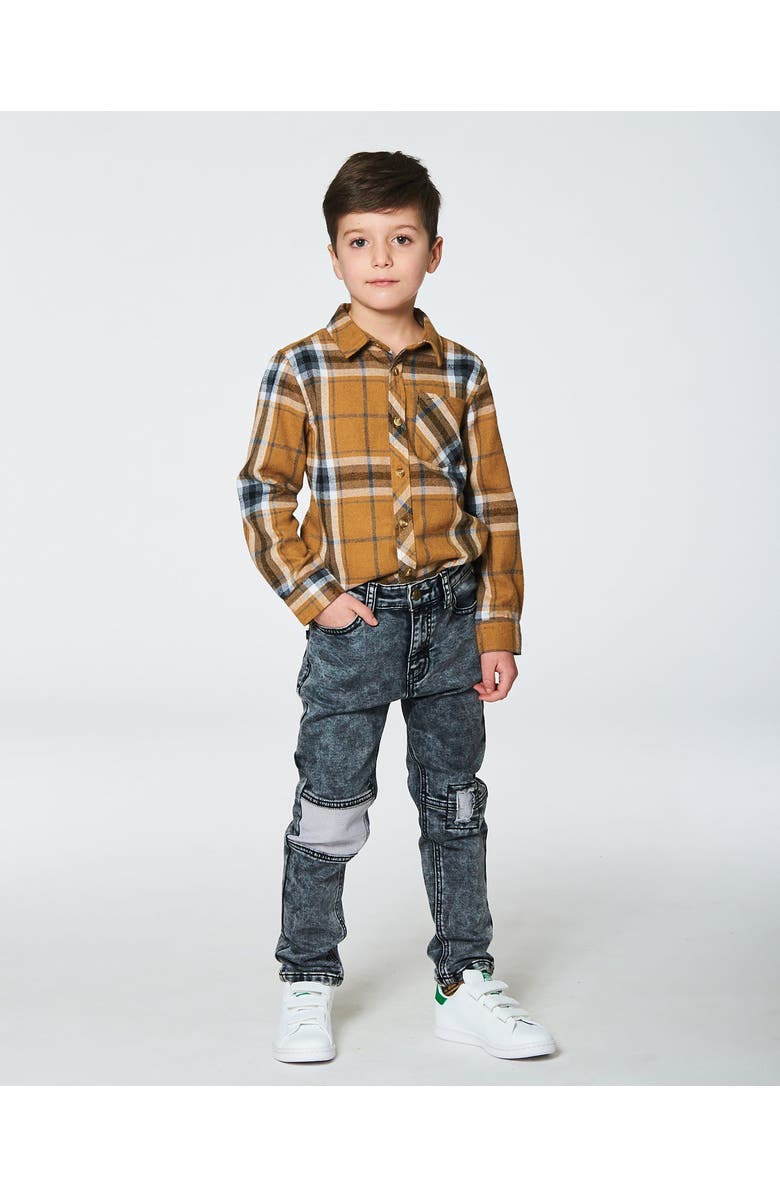 Deux par Deux Little Boy's Button Down Flannel Shirt With Pocket Plaid Golden Yellow And Gray, Alternate, color,