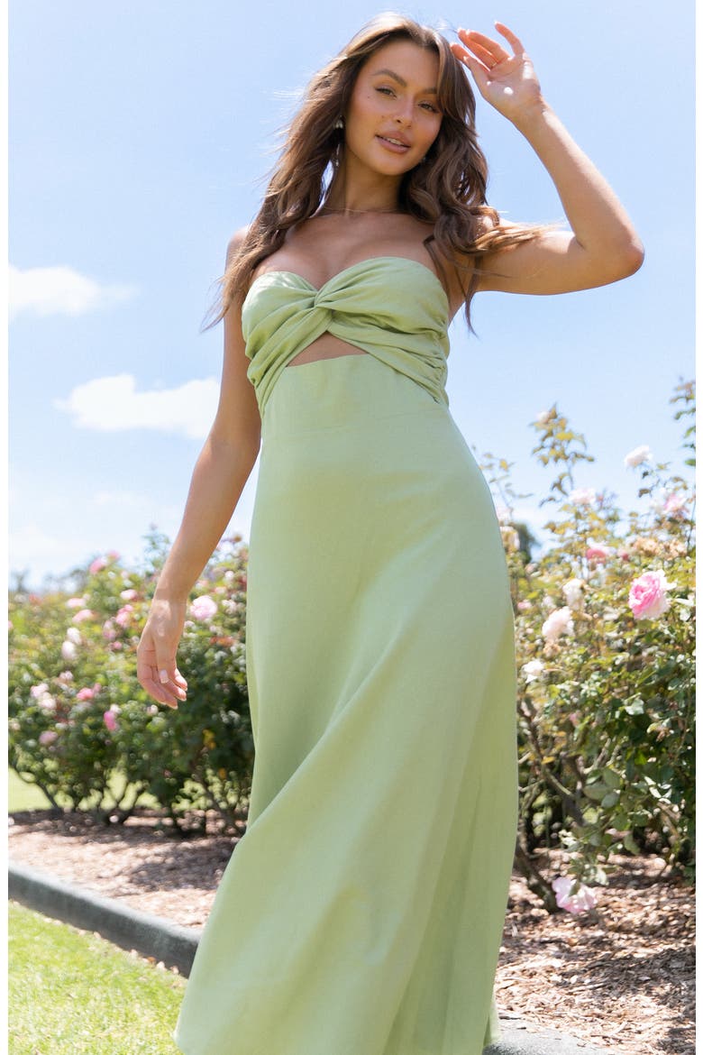 green linen strapless dress Strapless Twist Front Linen Blend Midi Dress