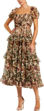 Mac Duggal Women's Chiffon Ruffle A Line Midi Dress with Puff Sleeves