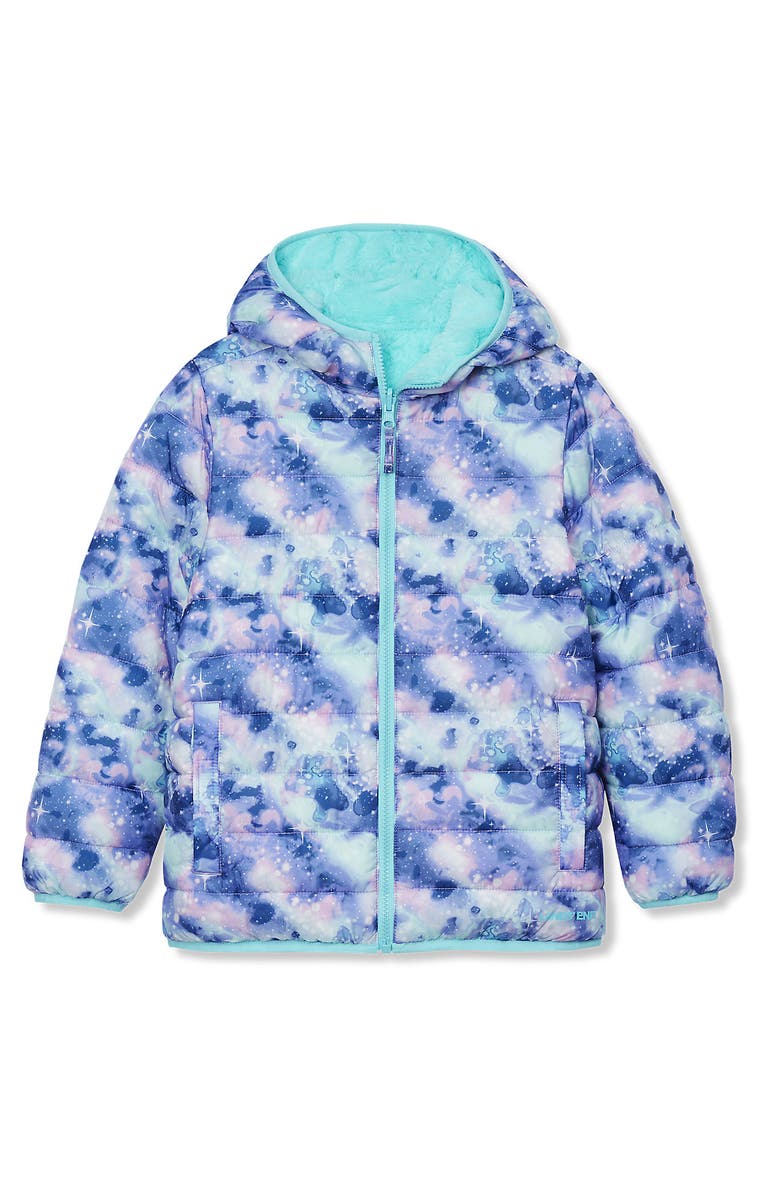 Lands' End Girls Water Resistant Reversible Hooded Jacket, Alternate, color, Blue Glitter/Aqua Splash