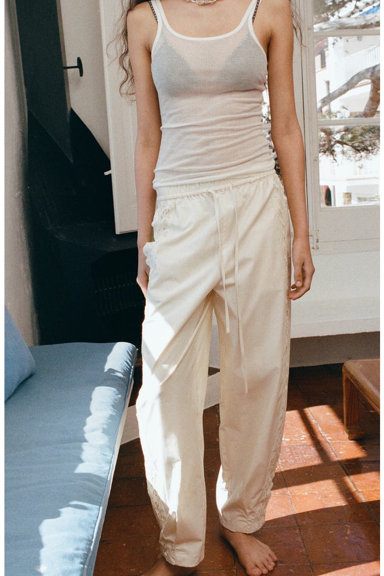 Embroidered Side Stripe Cotton Drawstring Pants, Alternate, color, ECRU