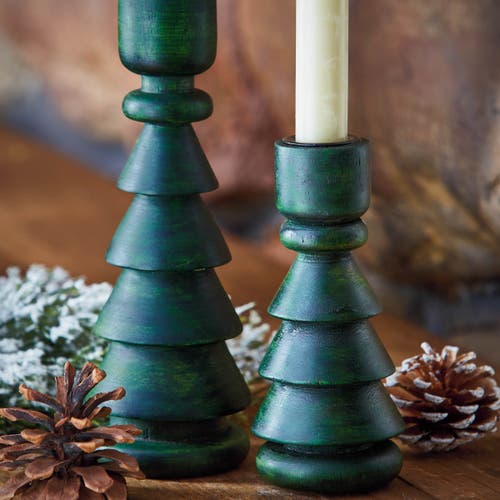 Tag Small Green Wood Tree Taper Candle Holder For Christmas In Green