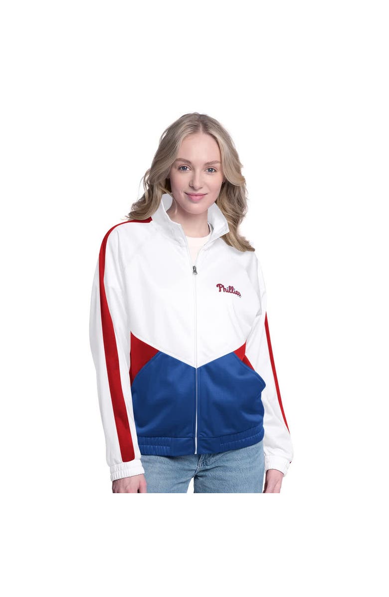 G-III SPORTS BY CARL BANKS Women's G-III Sports by Carl Banks  White/Red Philadelphia Phillies Rally Rhinestone Raglan Full-Zip Track Jacket, Main, color, White