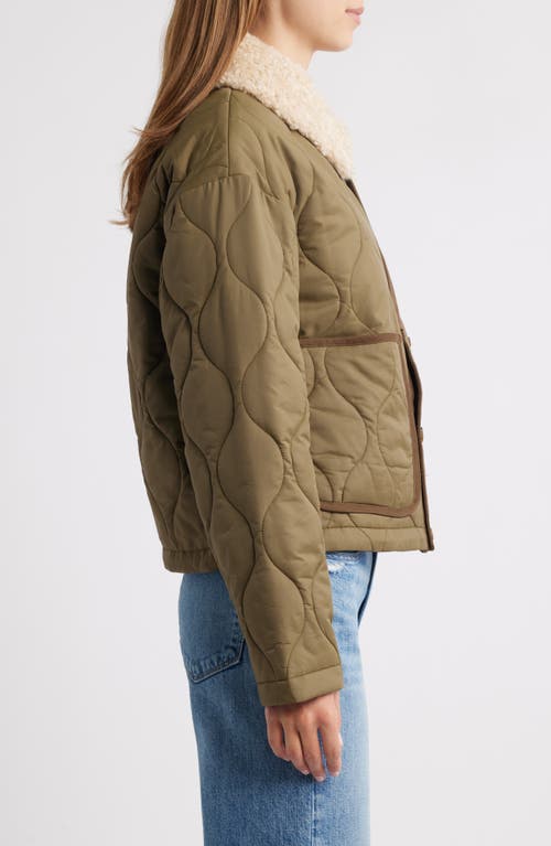 Lucky Brand Quilted Crop Jacket With Faux Shearling Collar In Brown