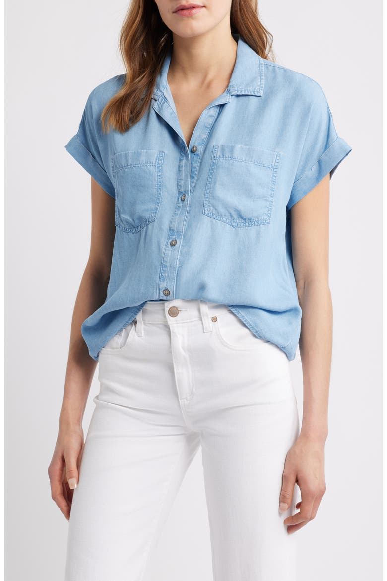 Issey Short Sleeve Chambray Shirt, Main, color, LIGHT WASH