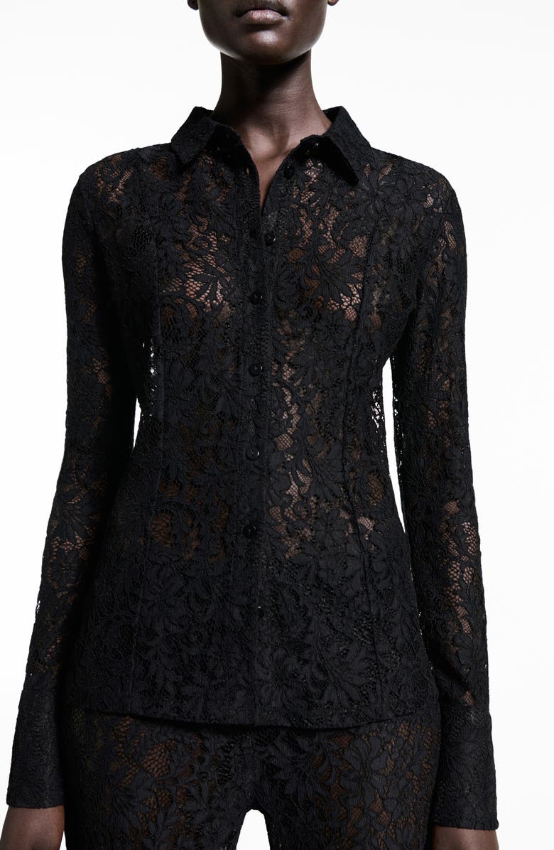 MANGO Sheer Lace Button-Up Shirt, Main, color, 