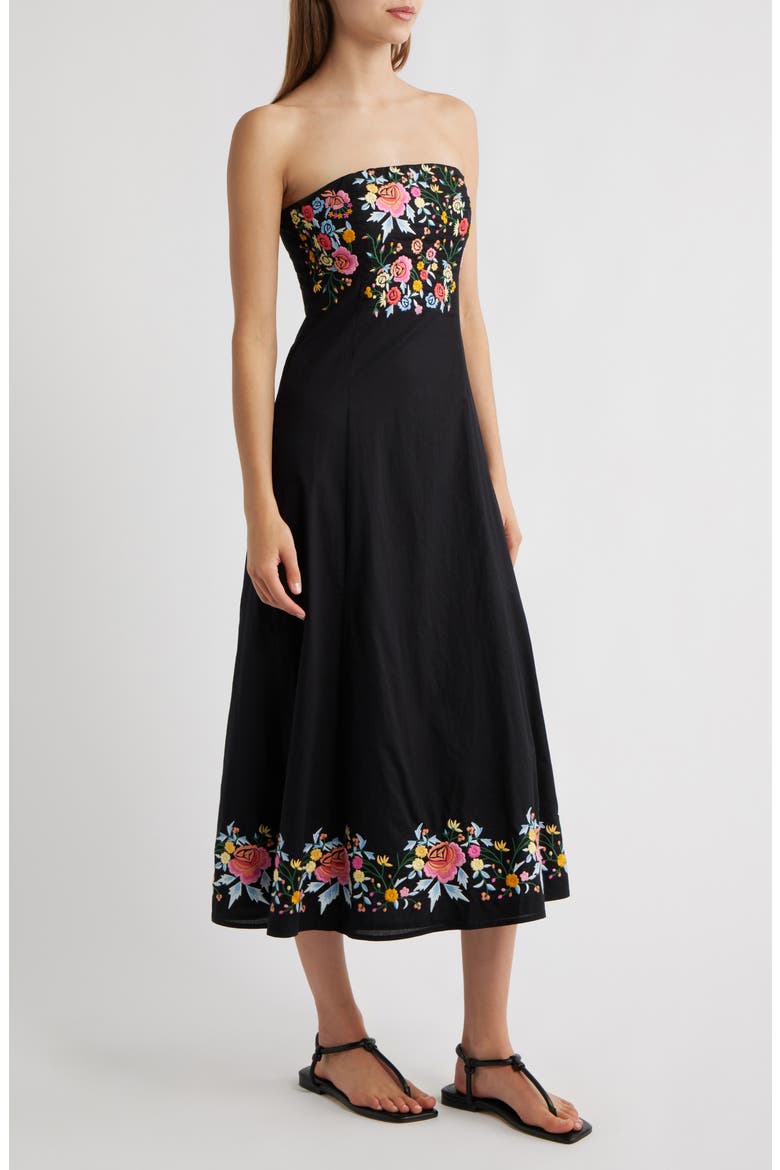 Alpha Embroidered Strapless Midi Dress, Alternate, color, BLACK