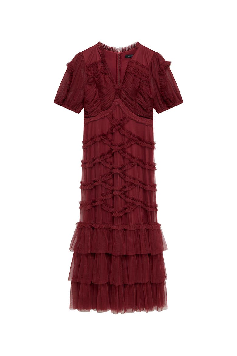 Short Sleeve Tulle Ruffle Maxi Dress, Alternate, color, Burgundy