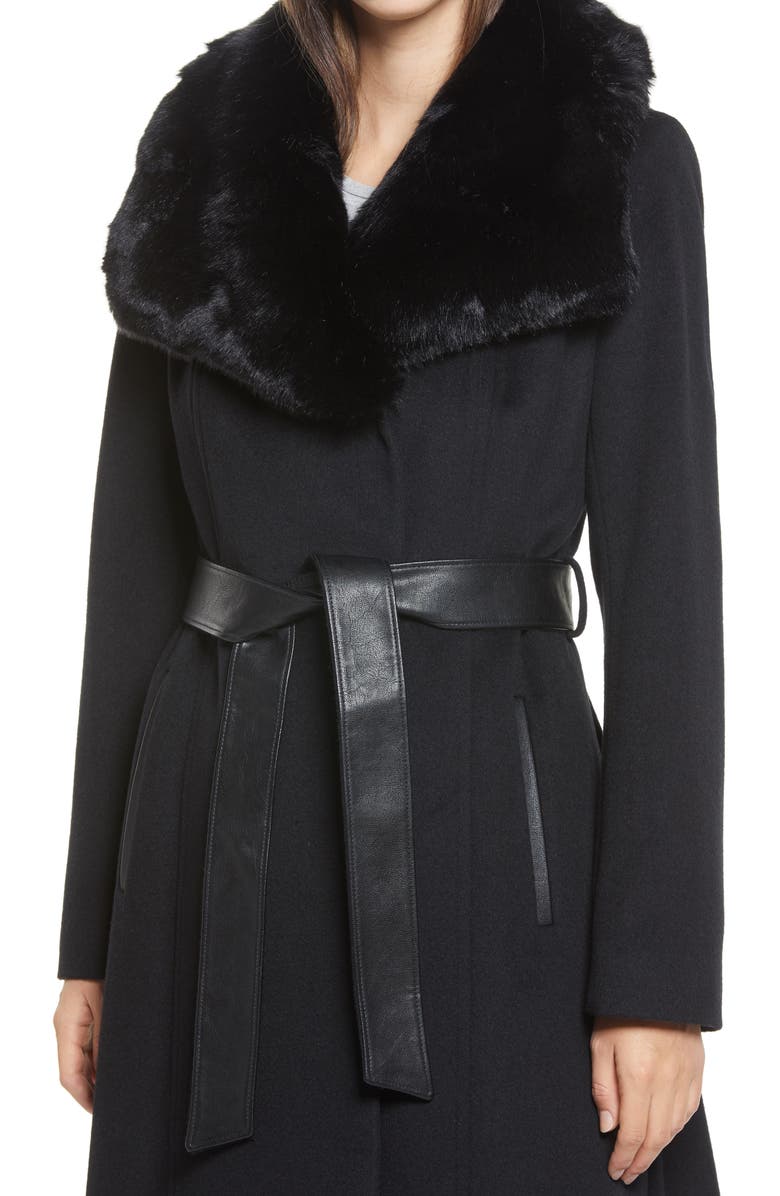 Via Spiga Faux Fur Trim Belted Wool Blend Coat, Alternate, color, 