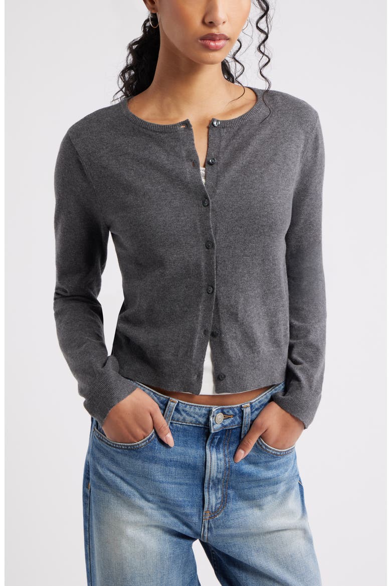 Crewneck Cotton Blend Cardigan, Main, color, GREY MED CHARCOAL HEATHER