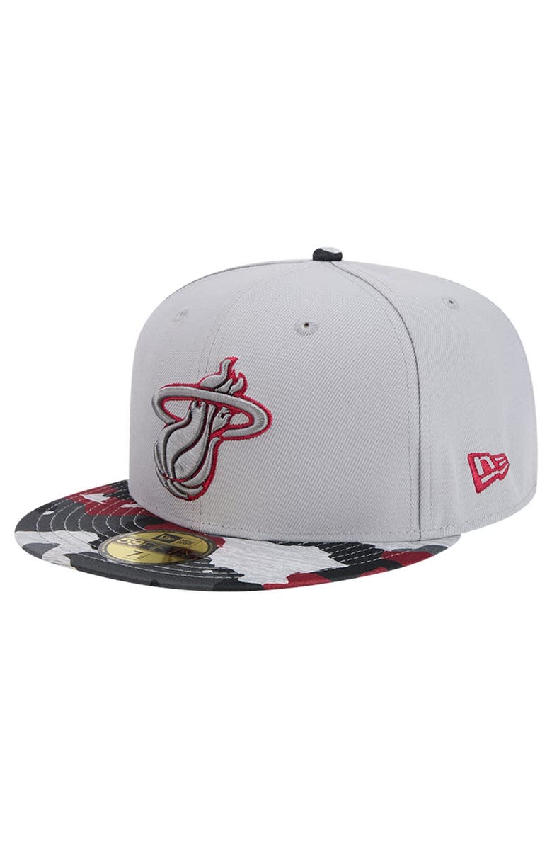 New Era Men's New Era Gray Miami Heat Active Color Camo Visor 59FIFTY Fitted Hat, Main, color, 
