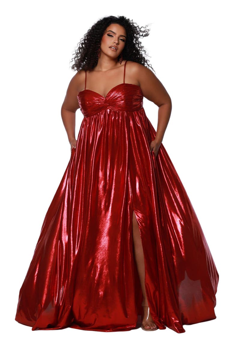 Sweetheart Neckline Empire Waistline Plus Size Metallic Gown, Main, color, Ruby