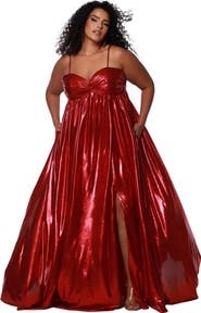 Sydney's Closet Sweetheart Neckline Empire Waistline Plus Size Metallic Gown