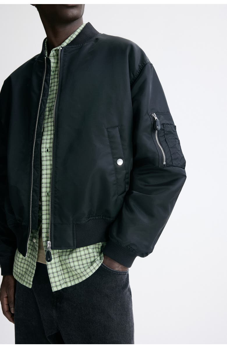 H&M Padded Nylon Bomber Jacket, Alternate, color, Black