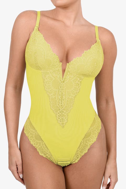Plus Size Shapewear Lace Deep V-Neck Sculpting Thong Bodysuit
