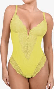 Popilush Plus Size Shapewear Lace Deep V-Neck Sculpting Thong Bodysuit