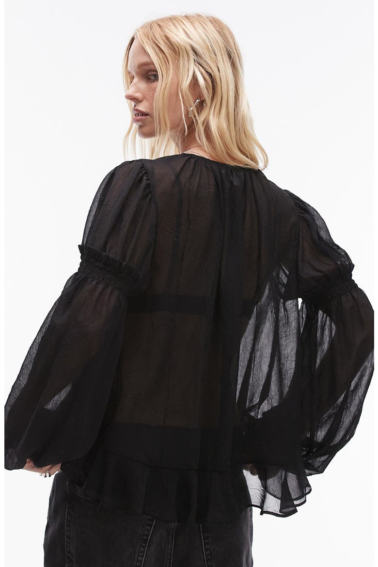 Crinkle Sheer Tie Front Top, Alternate, color, BLACK