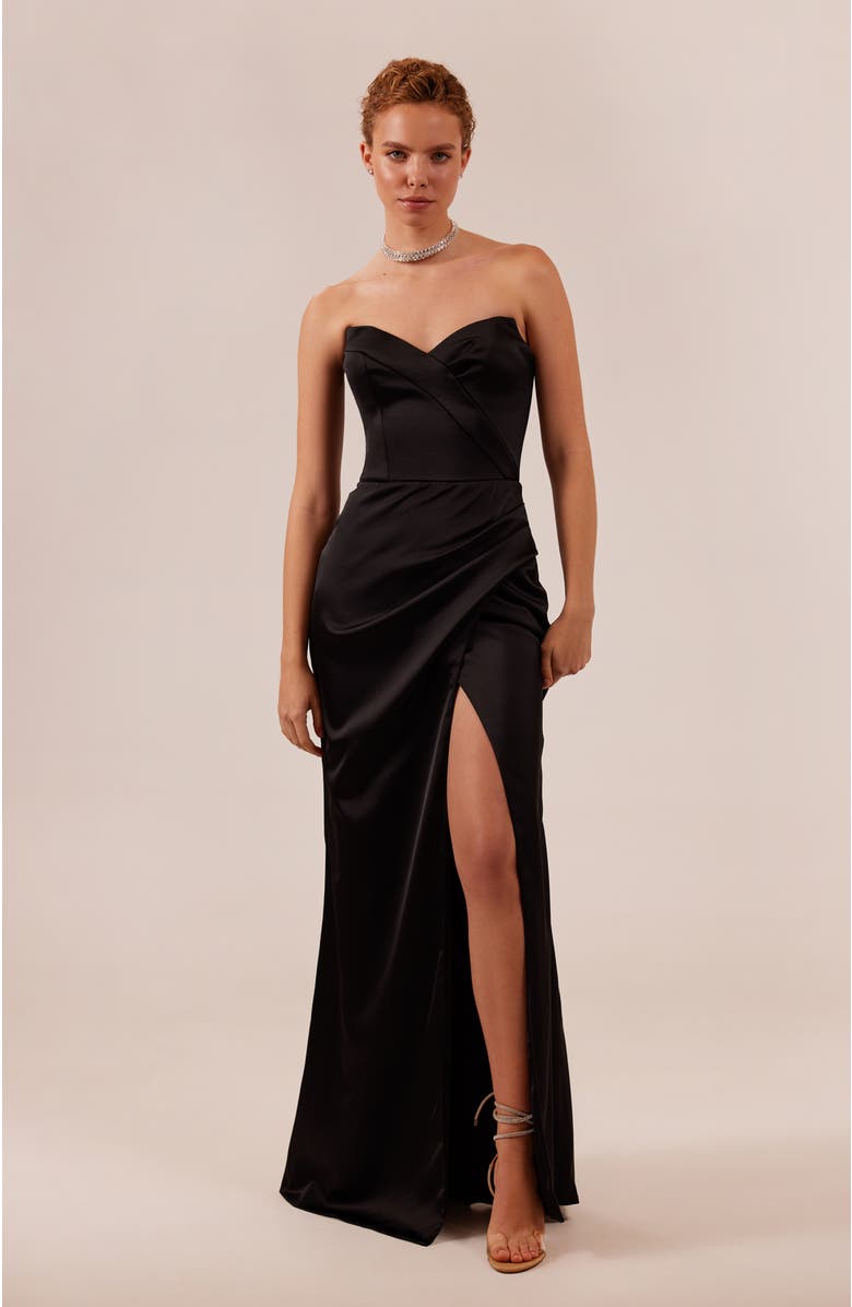 Milla Strapless Formal Occasion Mermaid Evening Gown with Thigh Slit in Black, Main, color, Black