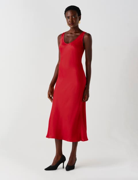 Palm Satin Sleeveless Slip Midi Dress