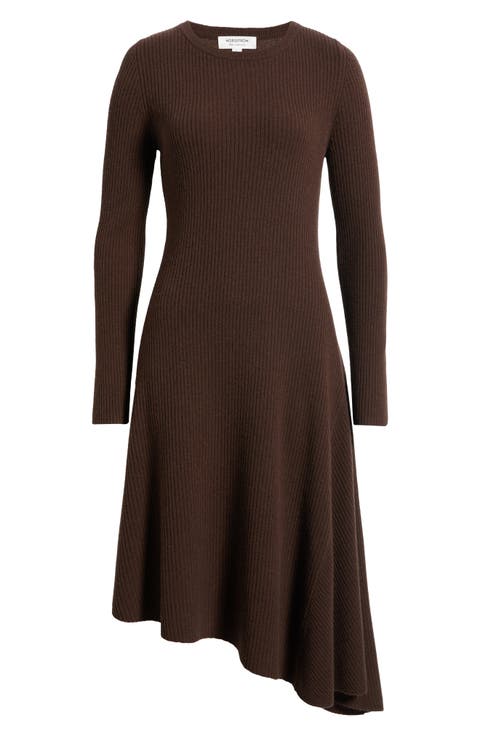 Asymmetric Wool & Cashmere Ribbed Midi Sweater Dress