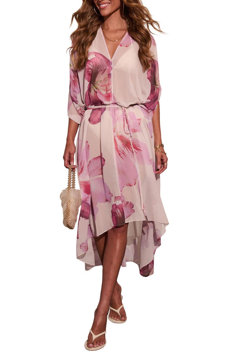 Paradise Blossom Floral Print High/Low Maxi Dress, Main, color, CREAM/ PINK