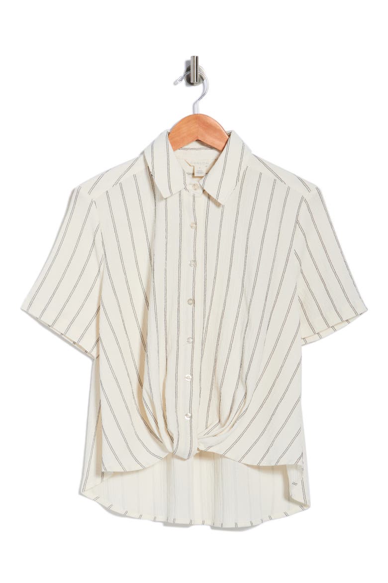 Twist Front Short Sleeve Shirt, Main, color, IVORY- BLACK RITA STRIPE