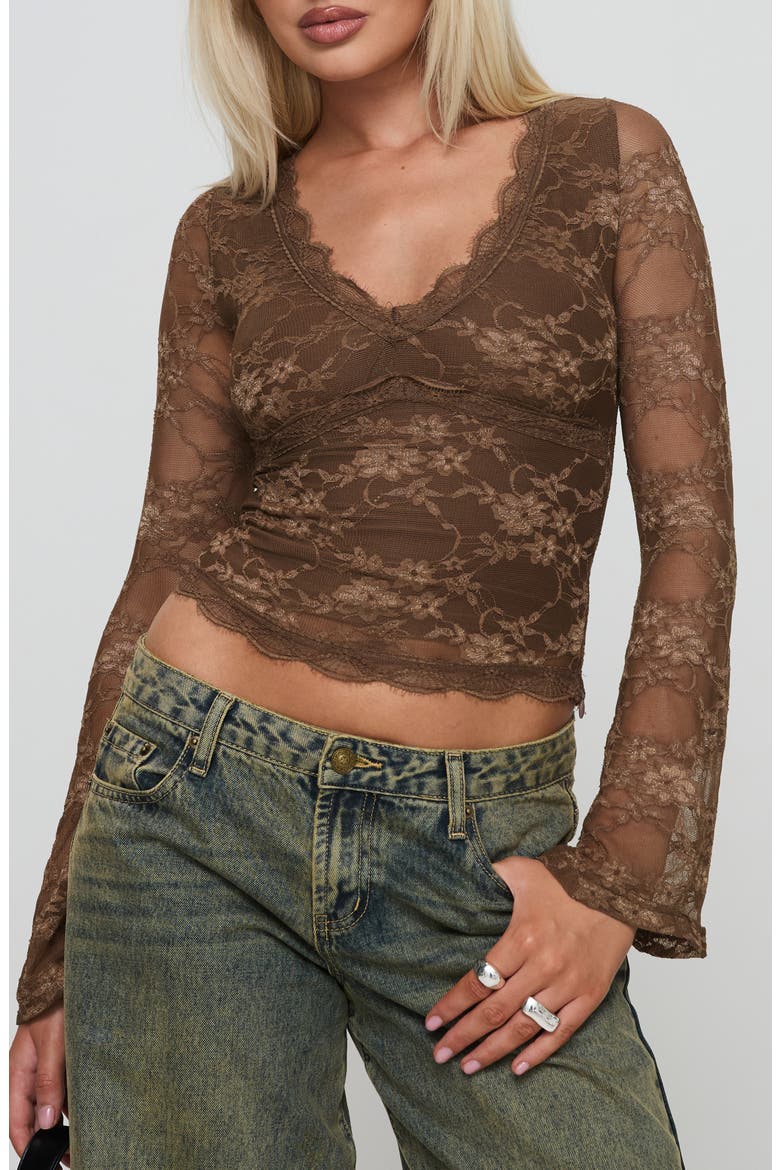 Pitter Long Sleeve Floral Mesh Top, Main, color, BROWN