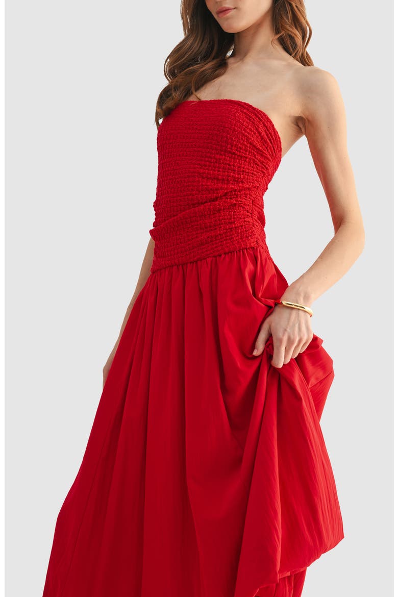 Strapless Bubble Hem Midi Dress, Alternate, color, RED