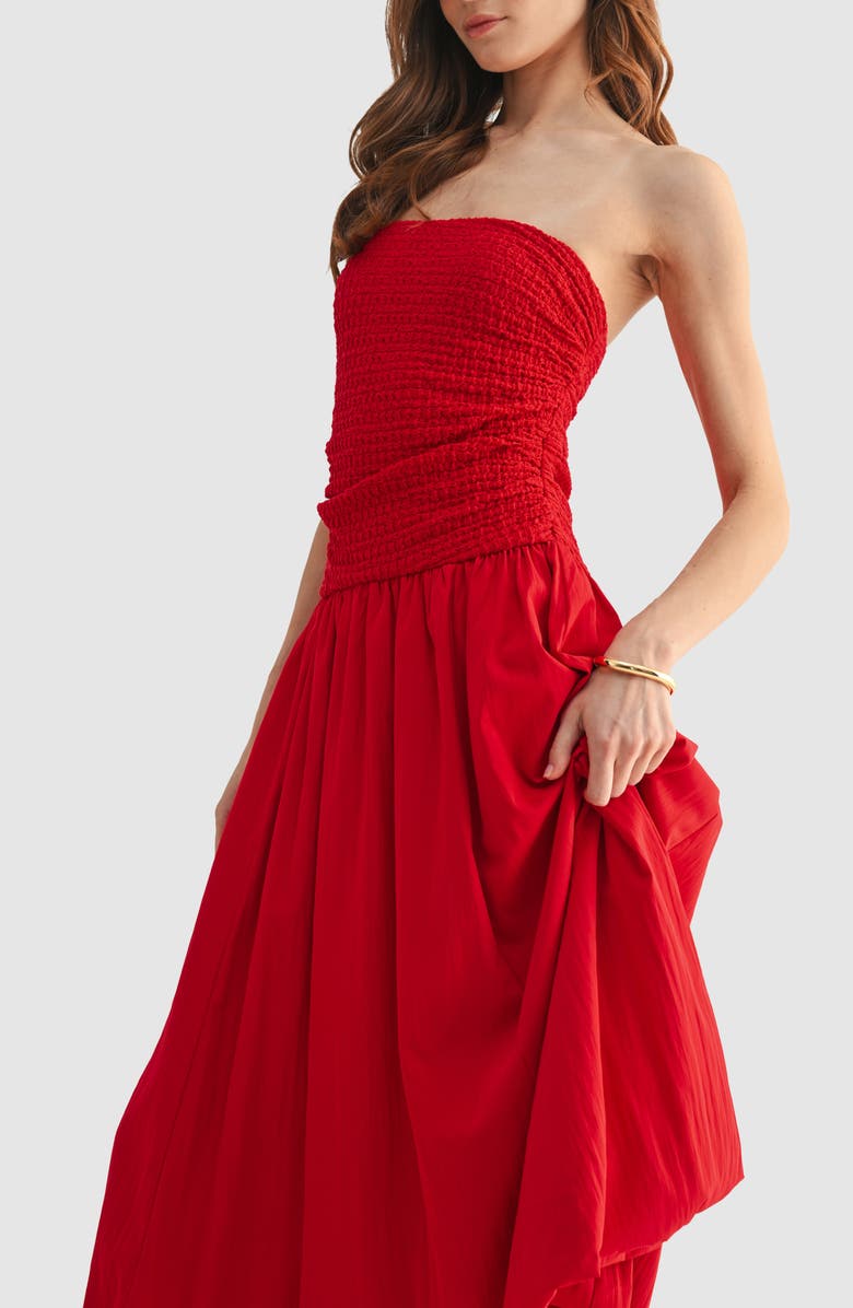 Lush Strapless Bubble Hem Midi Dress, Alternate, color, Red