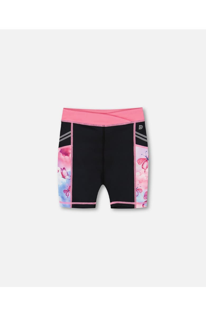 Deux par Deux Girl's Printed Athletic Biker Short Black, Pink And Multicolored Butterflies, Main, color, Black Pink And Multicolored