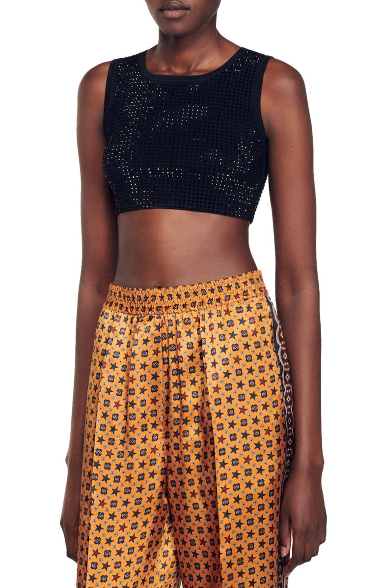 SANDRO Taureau Rhinestone Crop Sweater, Alternate, color, 