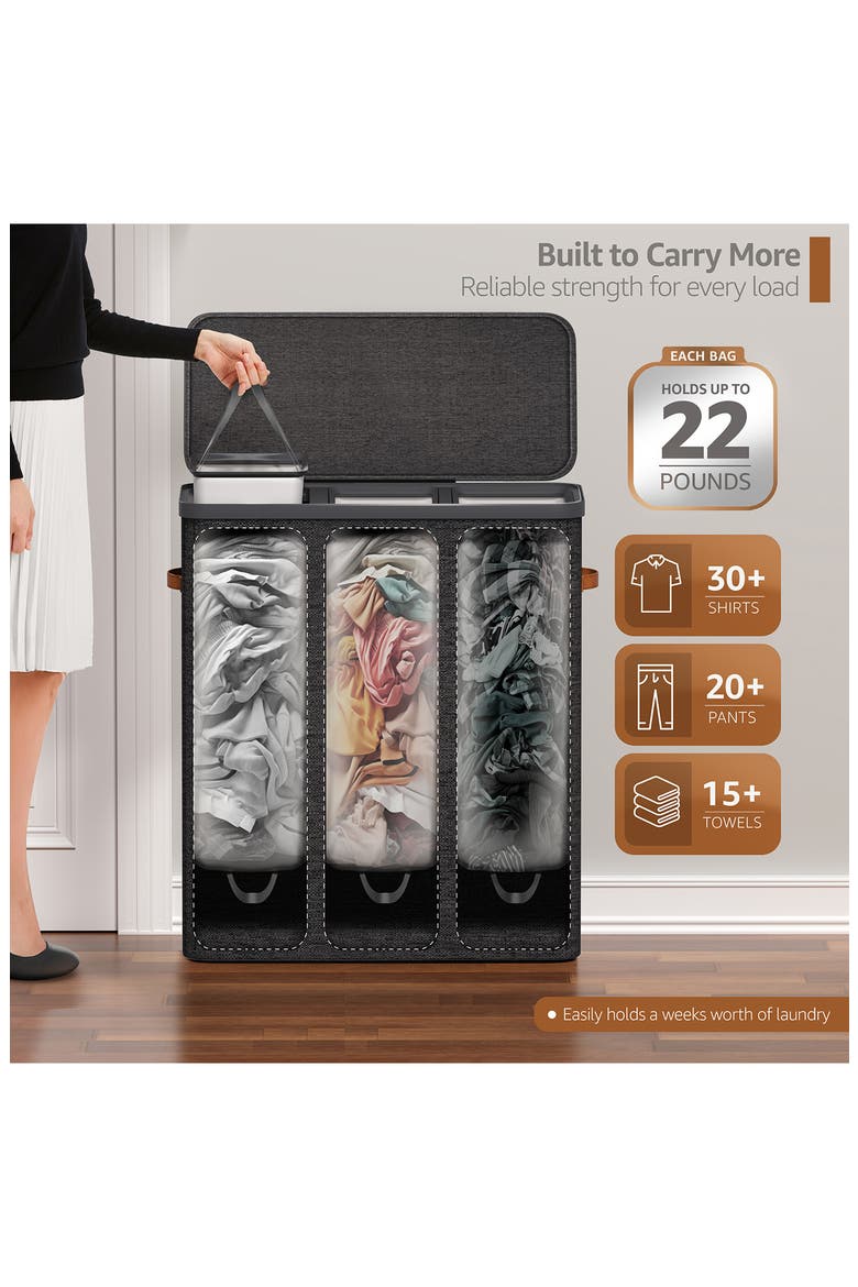 3-Compartment Laundry Basket, Alternate, color, BLACK