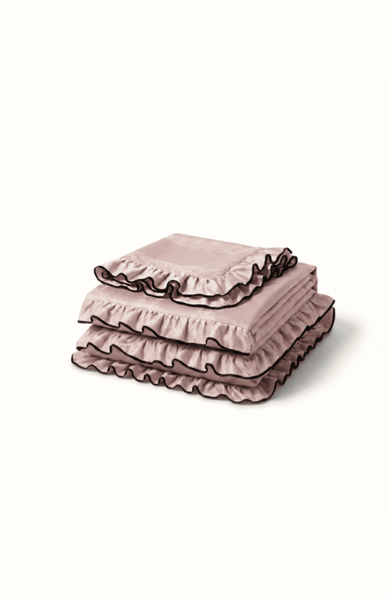 Ever Lasting Silky Ruffle Bedding Set, Main, color, Rust Pink, Flat