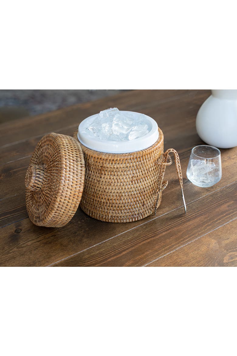 Artifacts Rattan Ice Bucket with Tongs, Alternate, color, Honey Brown