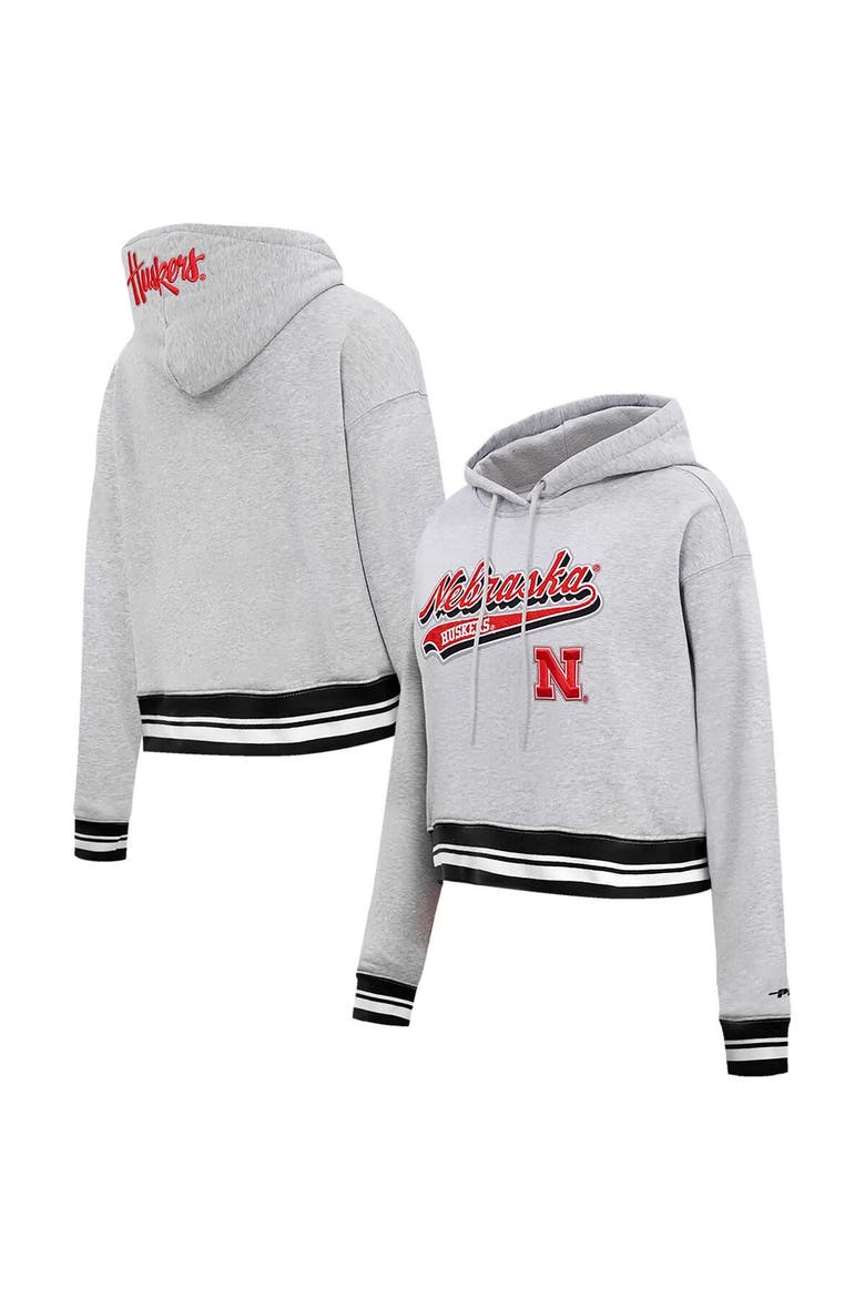 Women's Pro Standard Heather Gray Nebraska Huskers Script Tail Fleece Cropped Pullover Hoodie, Alternate, color, Heather Gray