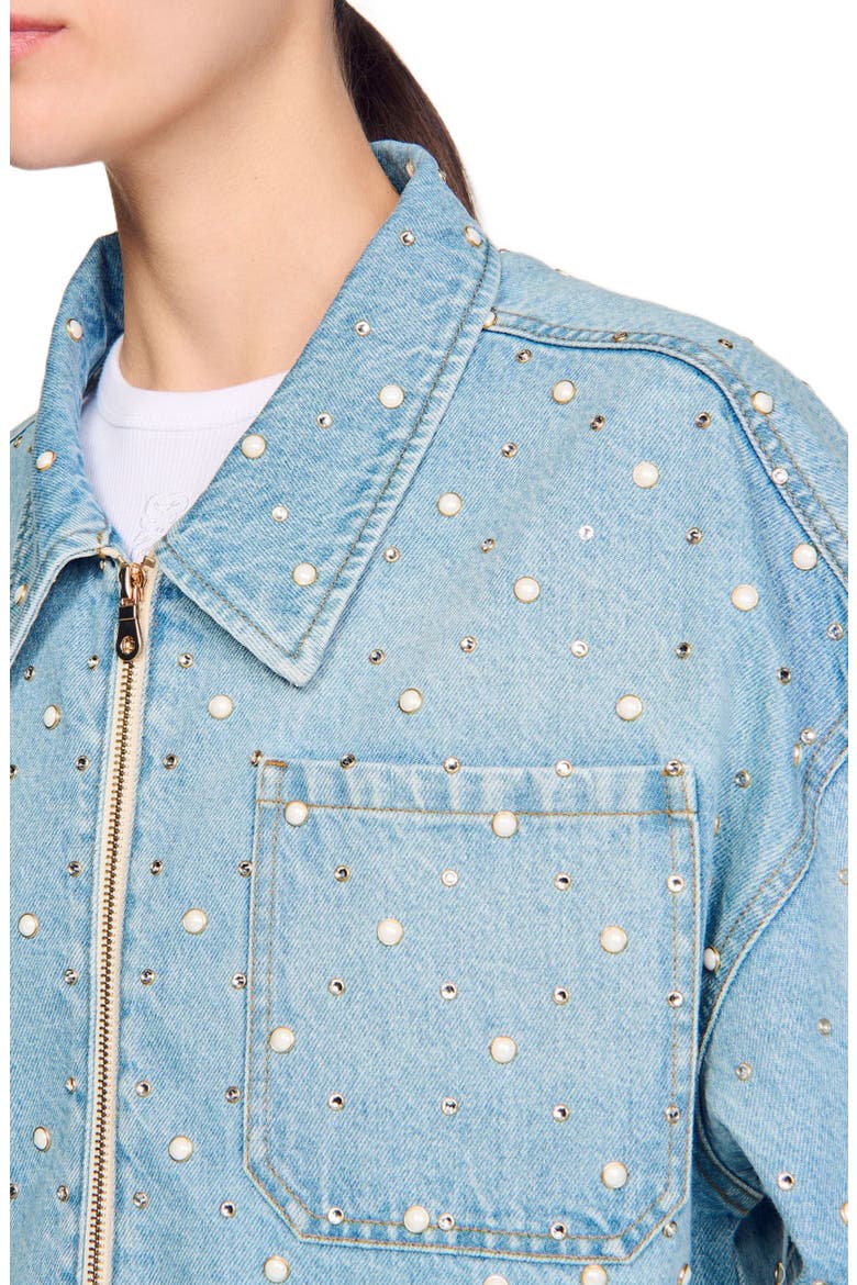 Beaded and rhinestone denim jacket, Alternate, color, Blue jean