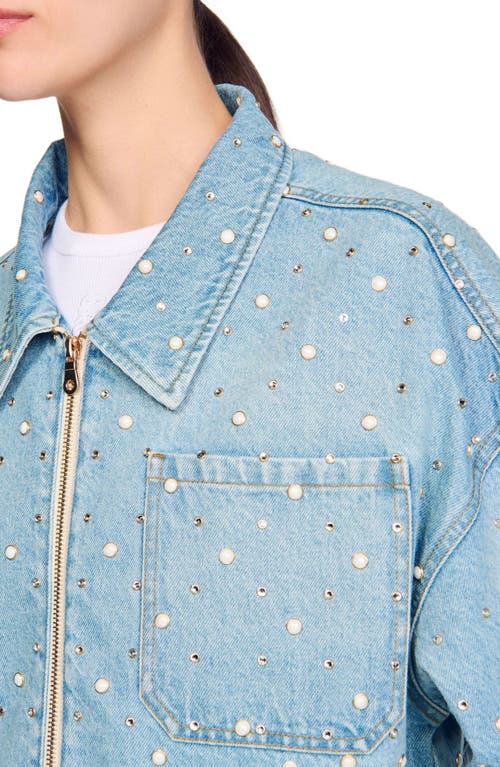 Shop Sandro Beaded And Rhinestone Denim Jacket In Blue Jean