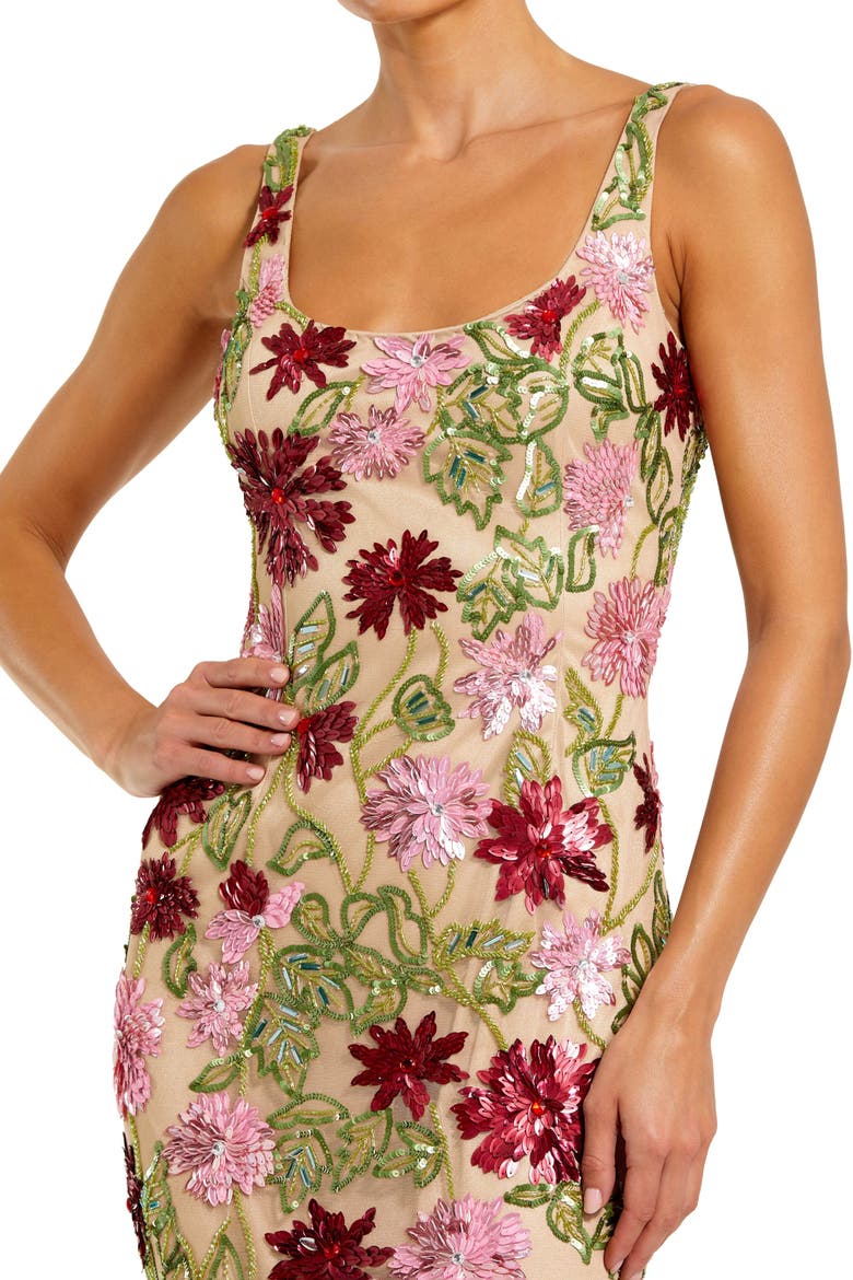 Women's Floral Beaded Mesh Scoop Neck Fitted Midi Dress, Alternate, color, Nude Multi