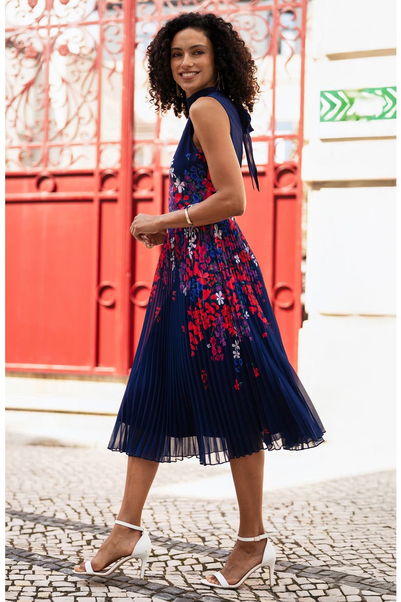 Printed Pleated Midi Dress, Alternate, color, Navy