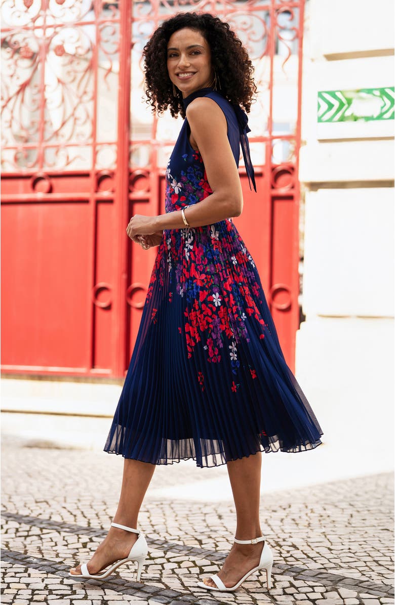 Yumi Printed Pleated Midi Dress, Alternate, color, Navy