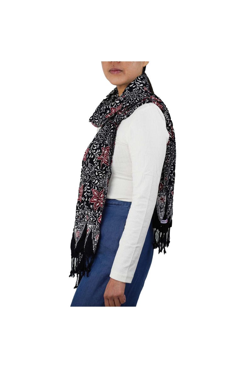 Hand Dyed Batik Scarf, Alternate, color, Black Red Floral Star