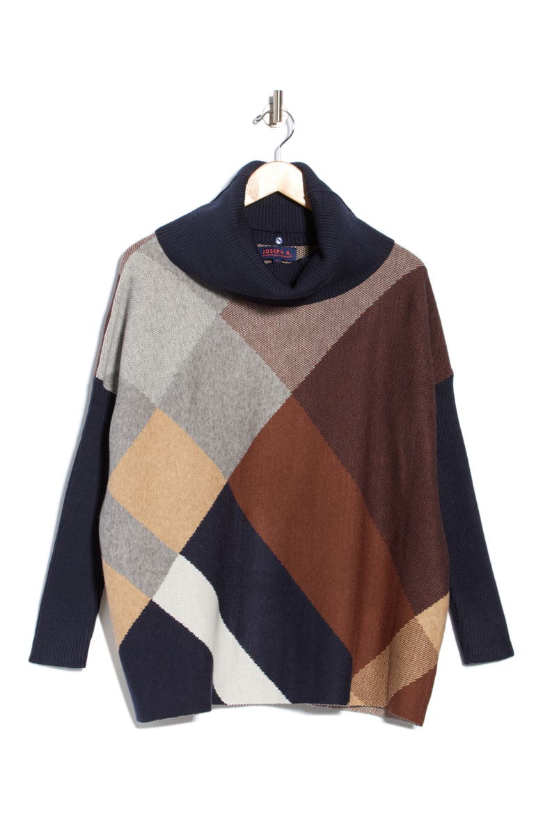 Removable Cowl Neck Poncho Sweater, Main, color, TILTED PLAID NAVY