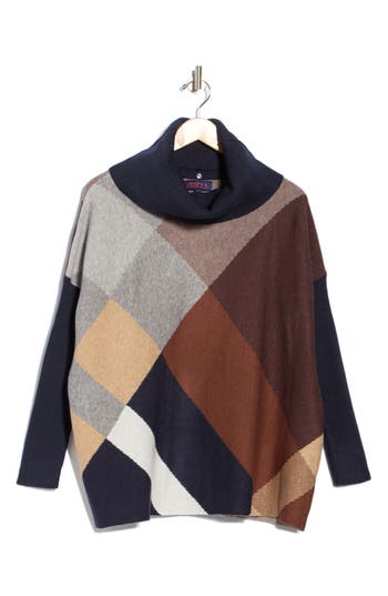 Joseph A Removable Cowl Neck Poncho Sweater In Tilted Plaid Navy