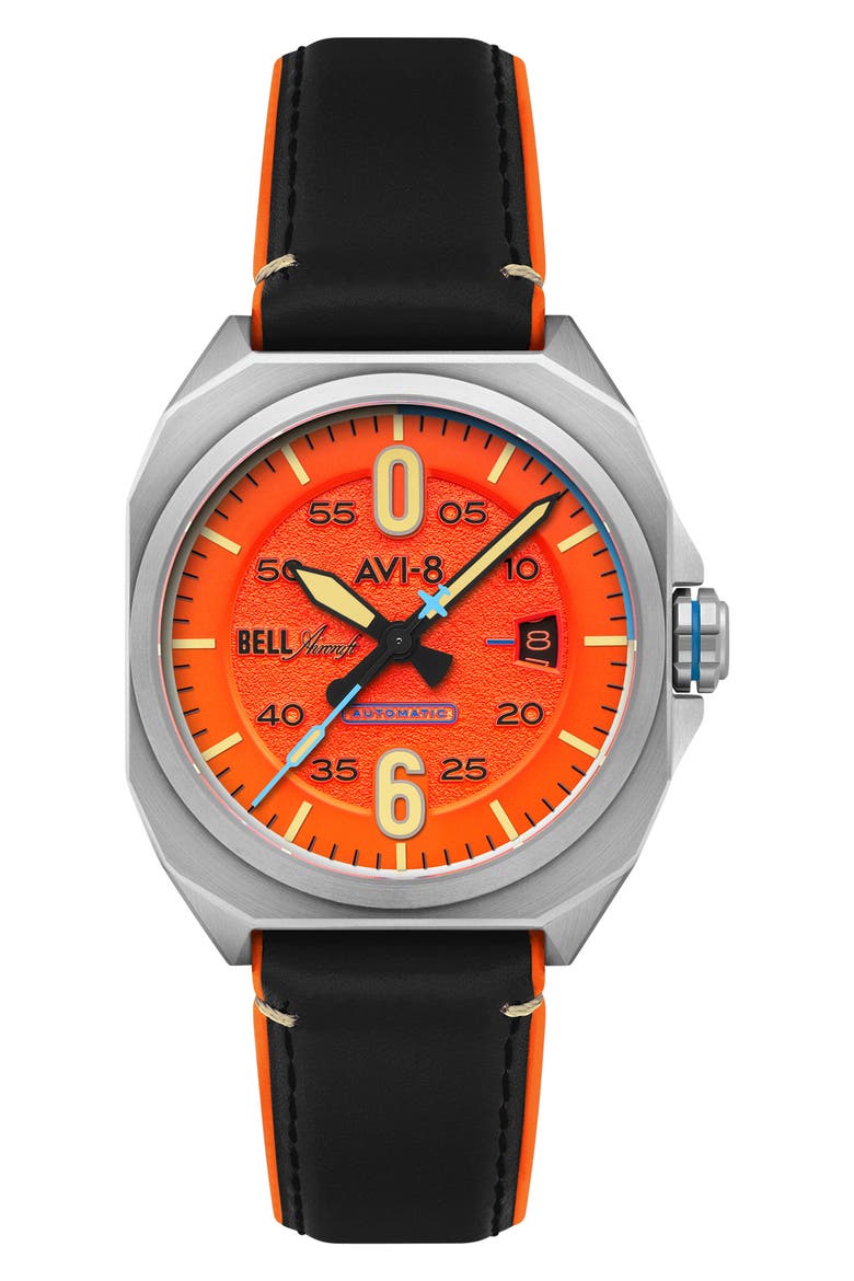 Bell X-1 Machbuster Automatic Leather/Rubber Strap Watch, 41mm, Main, color, ORANGE