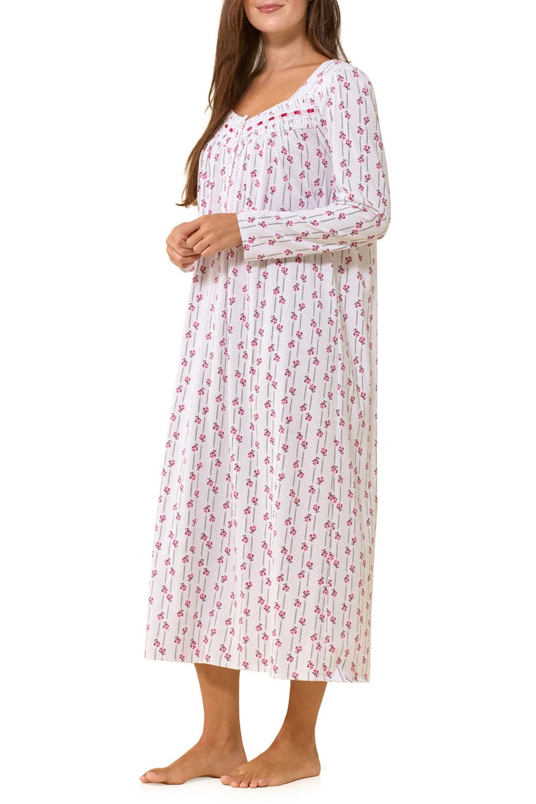 Long Sleeve Cotton Jersey Nightgown, Alternate, color, WHITE FLORAL STRIPE