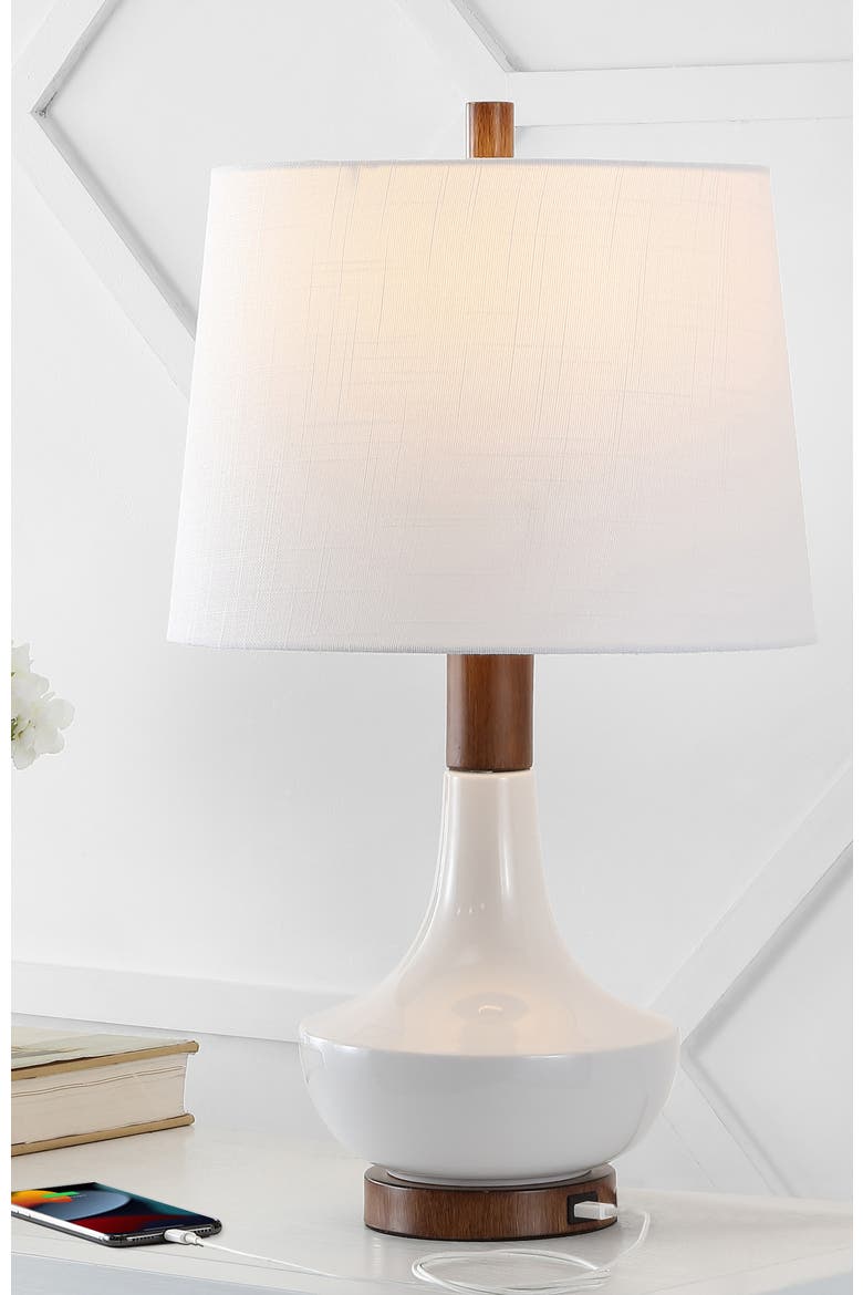 Finn 23" Vintage Minimalist Iron/Ceramic LED Mini Table Lamp with USB Charging Port, Wood Finished/White, Alternate, color, White/Brown Wood Finish